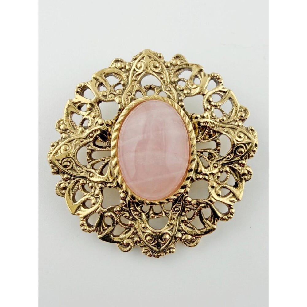 Vintage 1928 Jewelry Co Pink Faux Quartz Filigree Brooch Pin